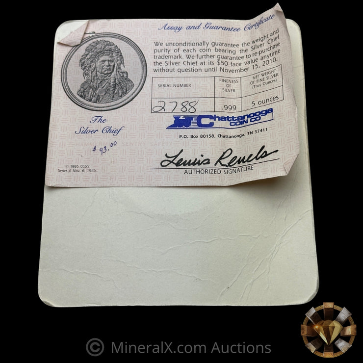 5oz Silver Chief Chattanooga Coin Co Vintage Silver Round In Seal With COA