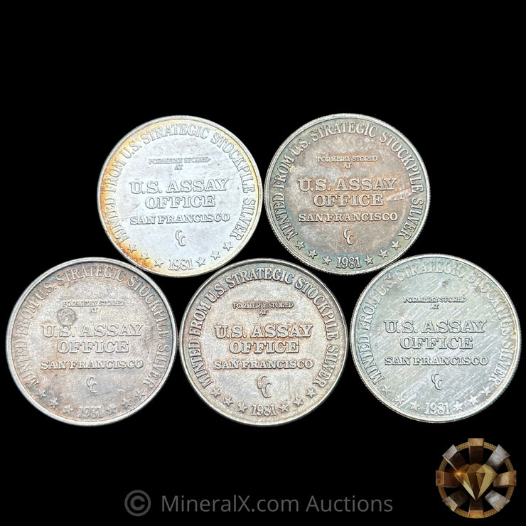 x5 1oz 1981 US Assay Office San Francisco Vintage Silver Trade Unit Coins