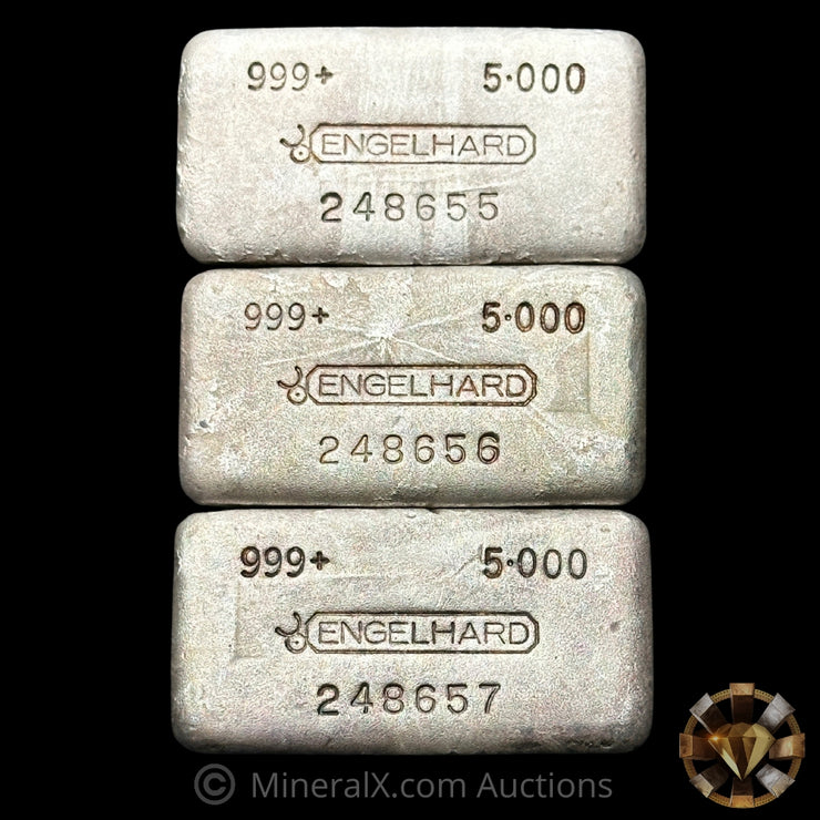 x3 5oz Engelhard Bull Logo Vintage Silver Bar Lot With Sequential Serials