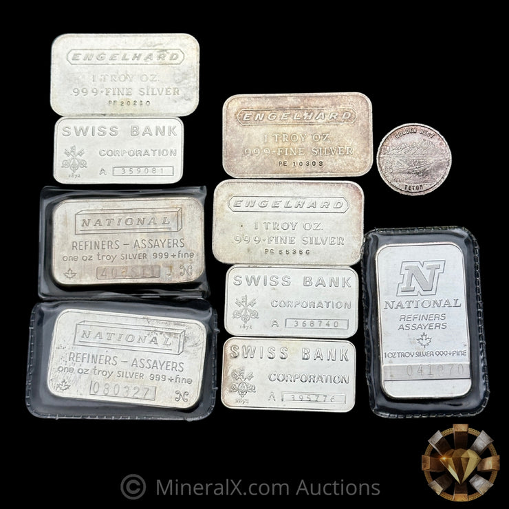 x10 1oz Misc Vintage Silver Bar Lot