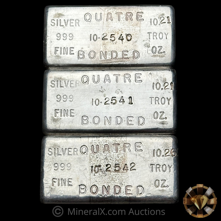 x3 10oz Quatre Bonded Sequential Serial Vintage Silver Bar Lot
