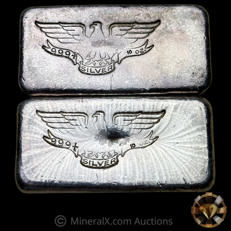 x2 10oz W H Foster Sequential Serial Number Vintage Silver Bar Lot With Deak Triangle & Star Counterstamps