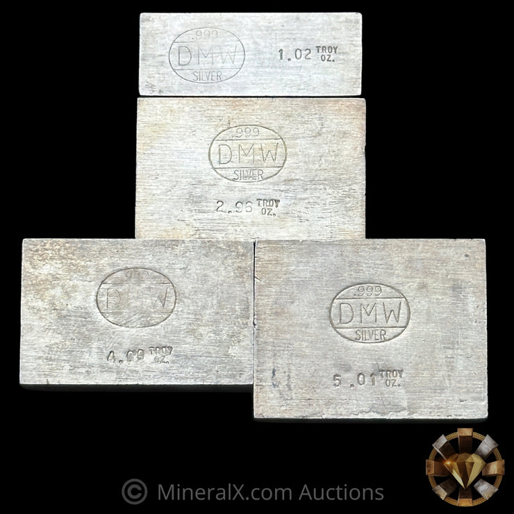 13.98oz (1.02oz,2.96oz,4.99oz,5.01oz) DMW Vintage Silver Bar Lot