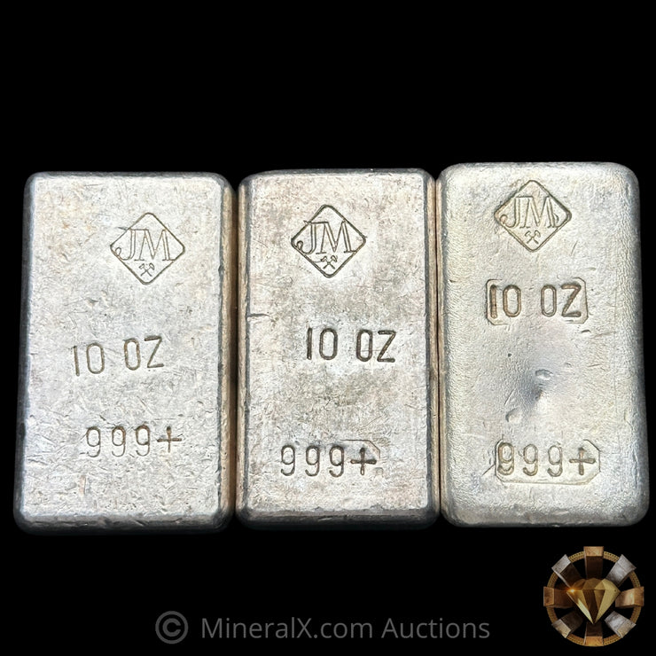 x3 10oz JM Johnson Matthey Vintage Silver Bar Lot (x2 Reverse Stamp, x1 Obverse Stamp)