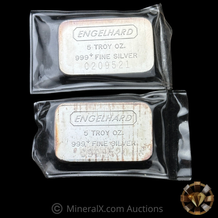 x2 5oz Engelhard Vintage Silver Bar Lot In Seals With Sequential Serials