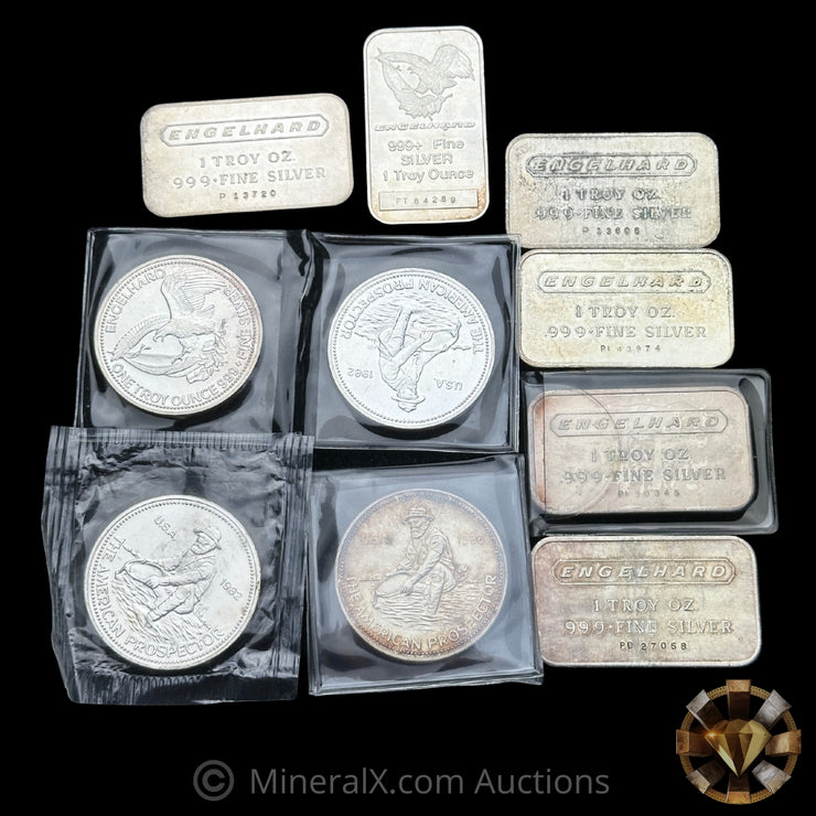 x10 1oz Engelhard Vintage Silver Bar & Coin Lot