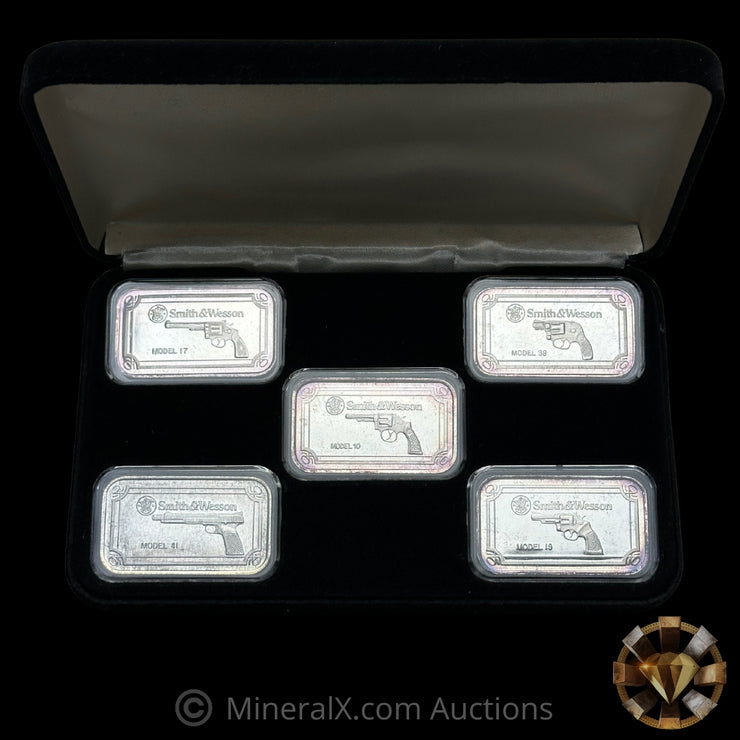x5 1oz S & W Collectible Silver Art Bar Set With Original Black Velvet Case