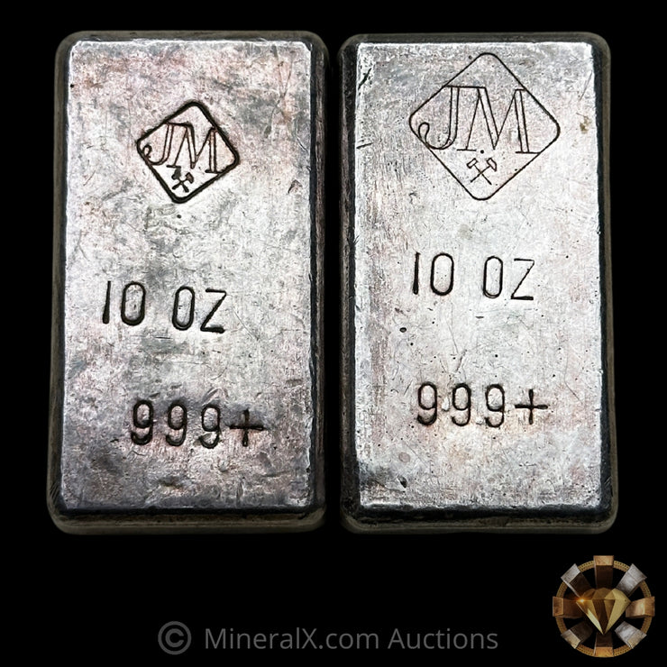 x2 10oz JM Johnson Matthey Reverse Stamp Vintage Silver Bar Lot (Both Small & Large Hallmark Varieties)