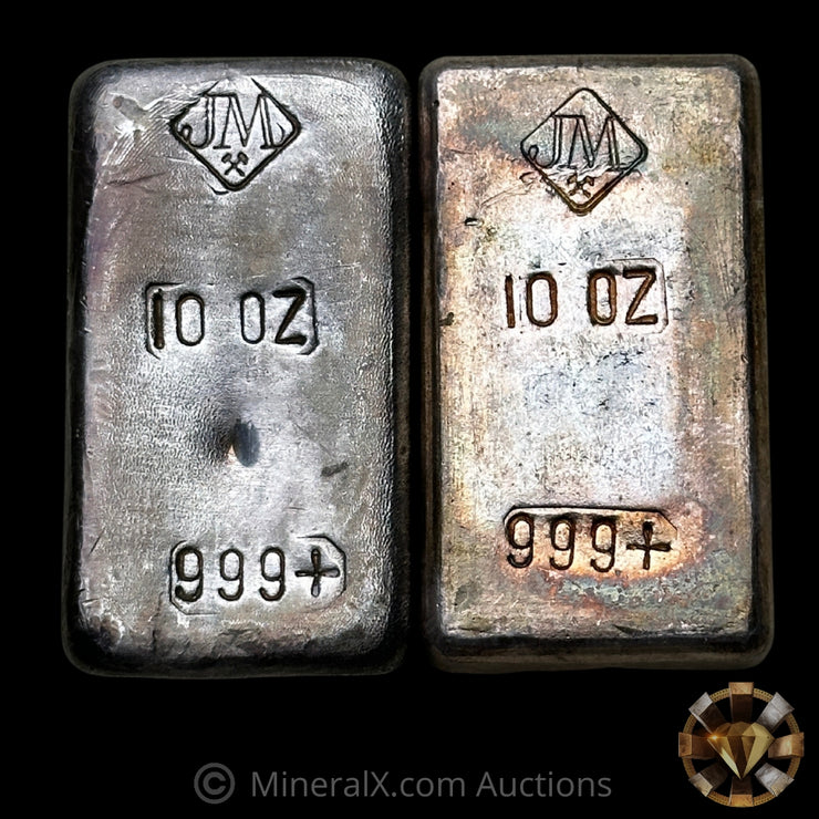 x2 10oz JM Johnson Matthey Reverse Stamp & Regular Stamp Vintage Silver Bar Lot
