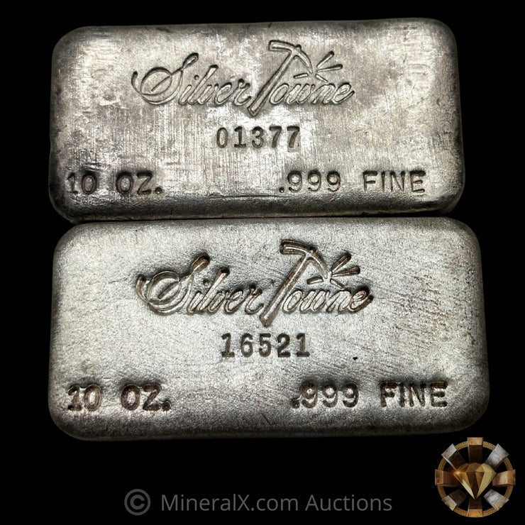 x2 10oz Silvertowne Gridback Vintage Silver Bar Lot