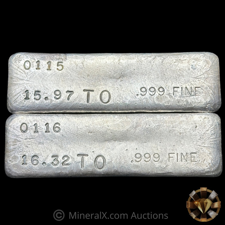 x2 16oz (33.29oz) Kosares Carter & Co Vintage Silver Bar Lot With Sequential Serials
