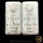 x2 10oz (20.77oz) 1981 Homestake Mining Company Sequential Serial Vintage Silver Bar Lot