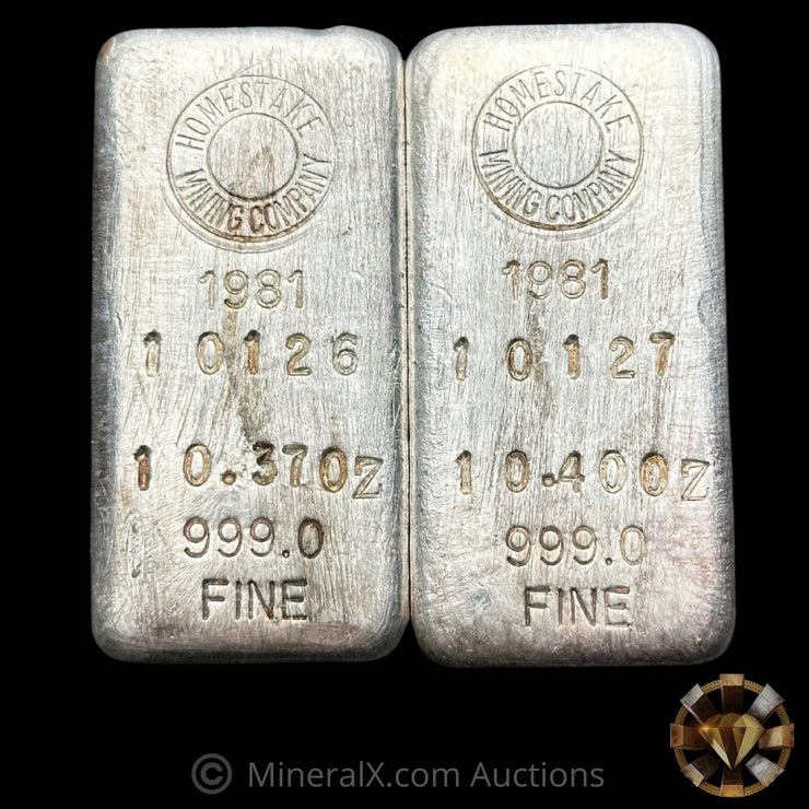x2 10oz (20.77oz) 1981 Homestake Mining Company Sequential Serial Vintage Silver Bar Lot