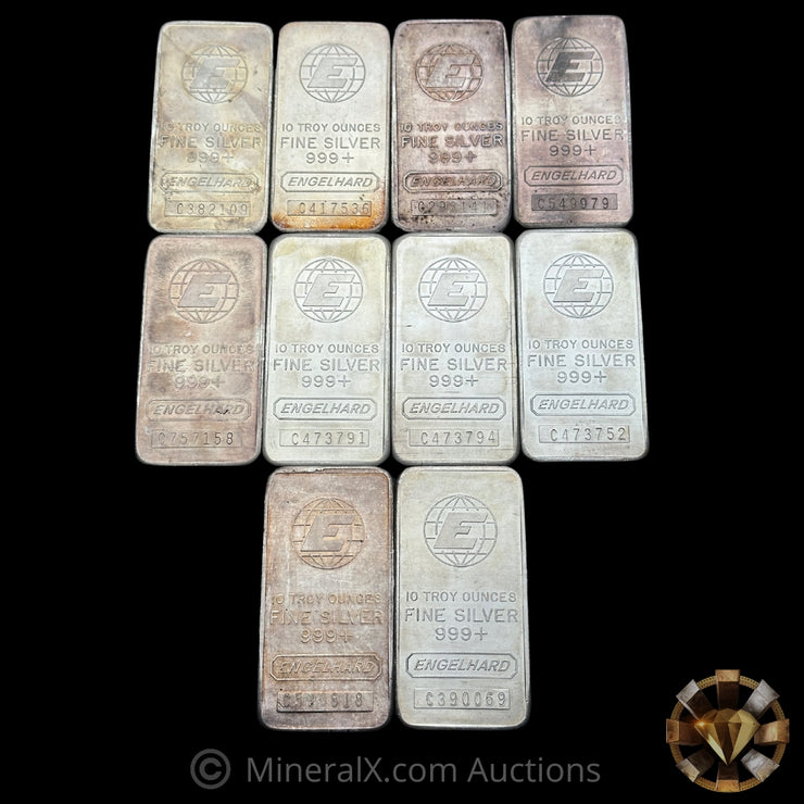 x10 10oz (100oz) Engelhard E Logo Vintage Silver Bar Lot