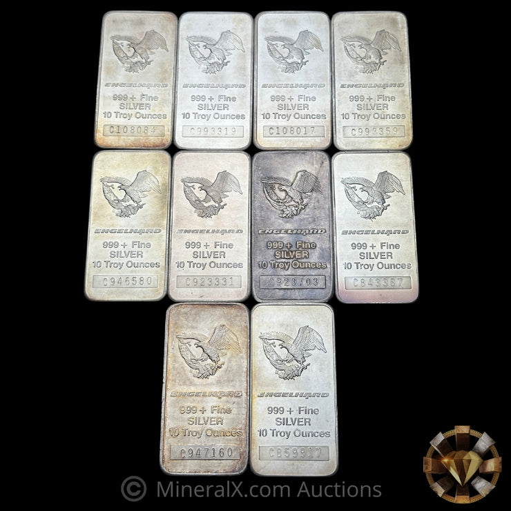 x10 10oz (100oz) Engelhard Eagle Logo Vintage Silver Bar Lot