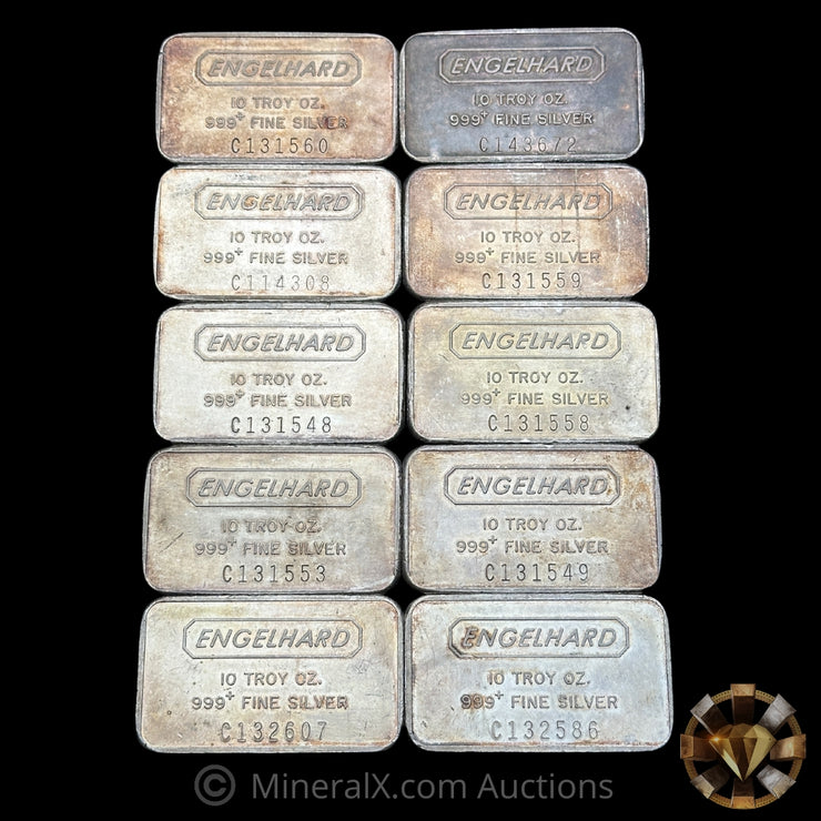 x10 10oz(100oz) Engelhard Pebble Back Vintage Silver Bar Lot
