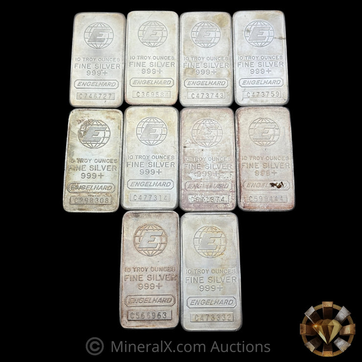 x10 10oz (100oz) Engelhard E Logo Vintage Silver Bar Lot