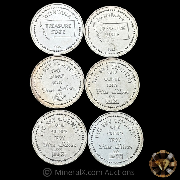 x6 1oz 1986 JM Johnson Matthey Big Sky Country Treasure State Montana Vintage Silver Coin Lot