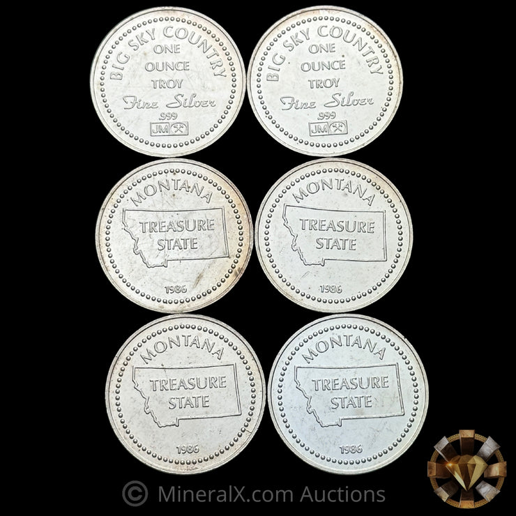 x6 1oz 1986 JM Johnson Matthey Big Sky Country Treasure State Montana Vintage Silver Coin Lot