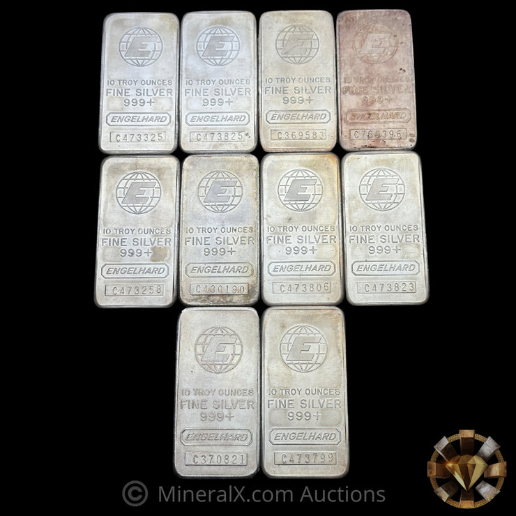 x10 10oz (100oz) Engelhard E Logo Vintage Silver Bar Lot