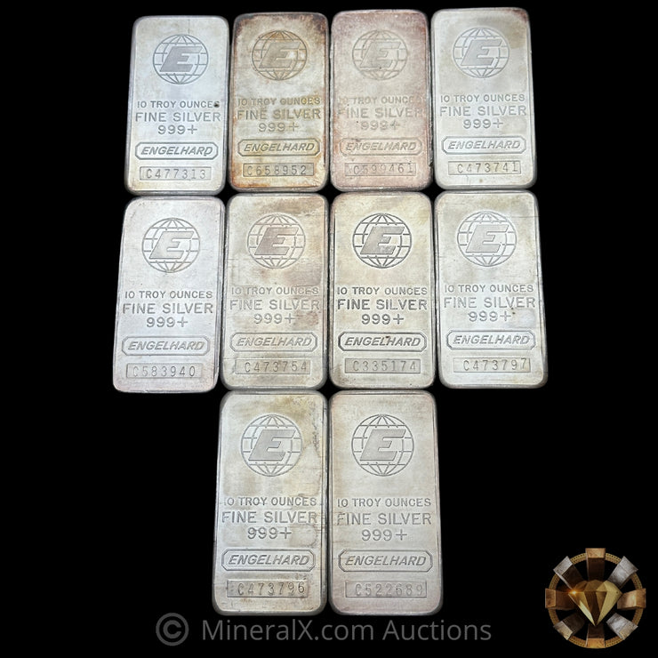 x10 10oz (100oz) Engelhard E Logo Vintage Silver Bar Lot