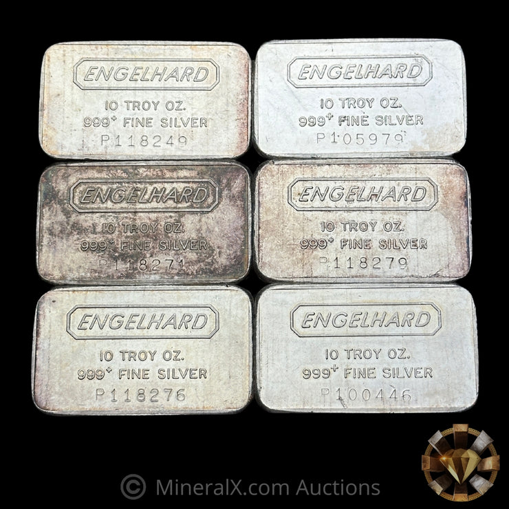 x6 10oz (60oz) Engelhard P Serial Landscape Vintage Silver Bar Lot