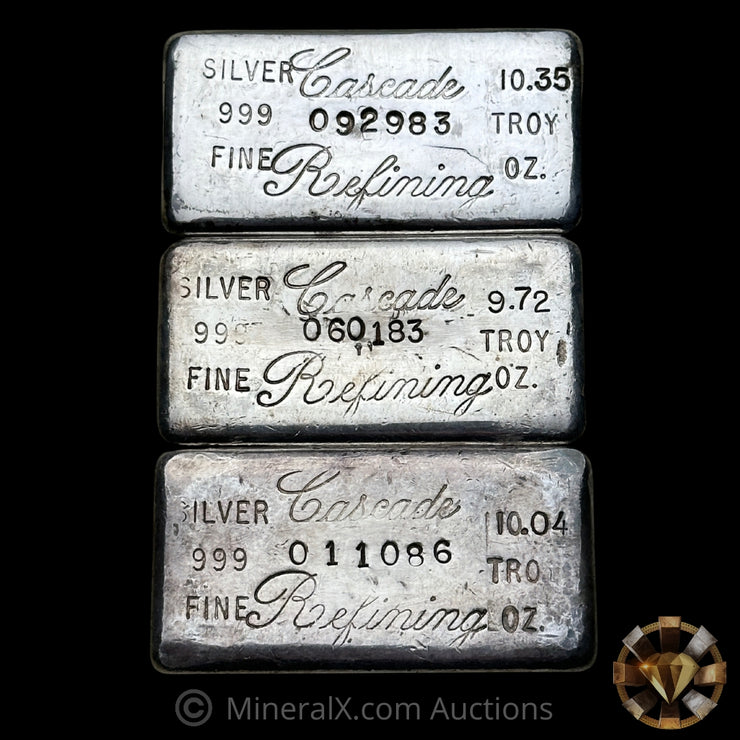 x3 10oz (30.11oz) Cascade Refining Vintage Silver Bar Lot