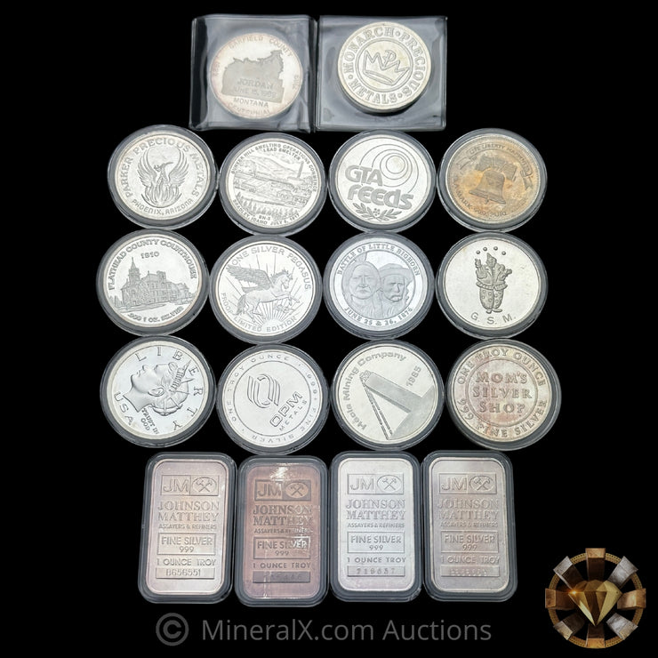 x18 1oz Misc Vintage Silver Bar & Coin Lot