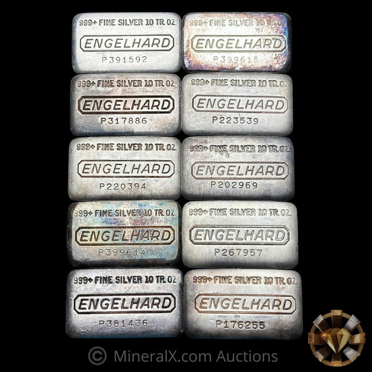 x10 10oz (100oz) Engelhard P Loaf Vintage Silver Bar Lot