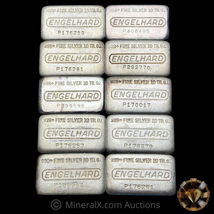x10 10oz (100oz) Engelhard P Loaf Vintage Silver Bar Lot