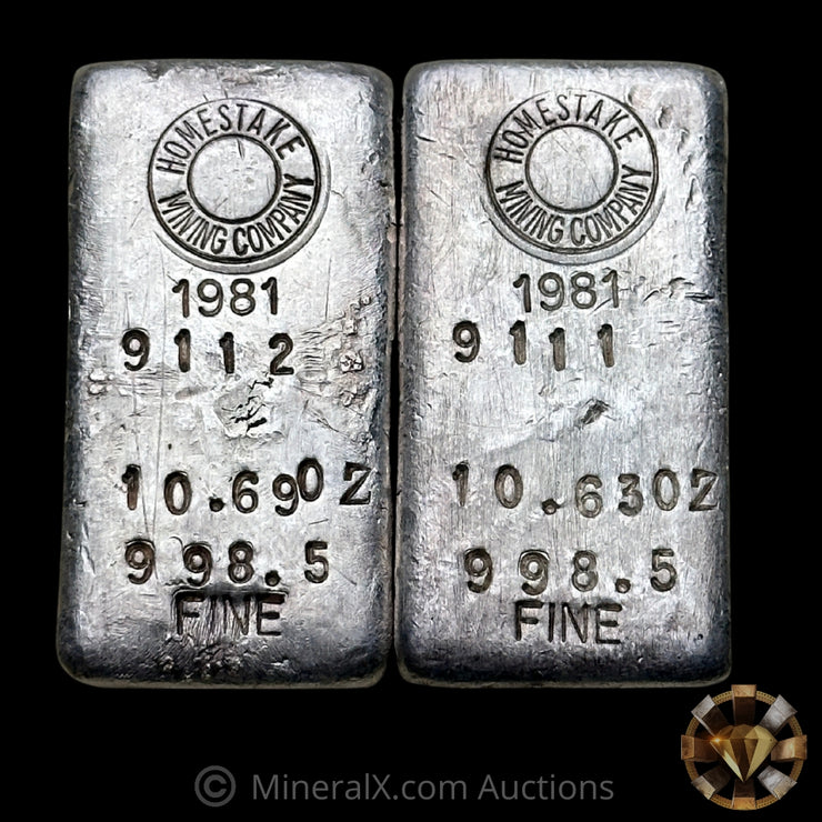 x2 10oz (21.32oz) 1981 Homestake Mining Company Sequential Serial Vintage Silver Bar Lot