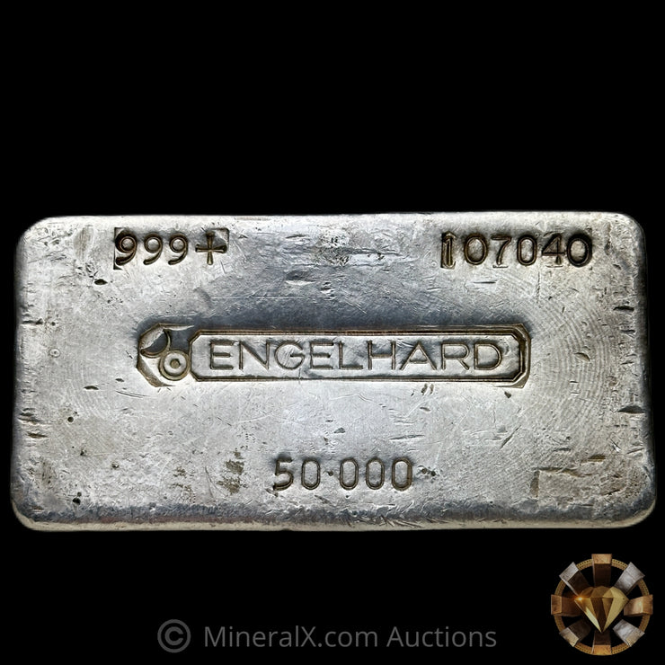 50oz Engelhard 5th Series Bull Logo Rare Unfooted 1 Serial Font Variety Vintage Silver Bar