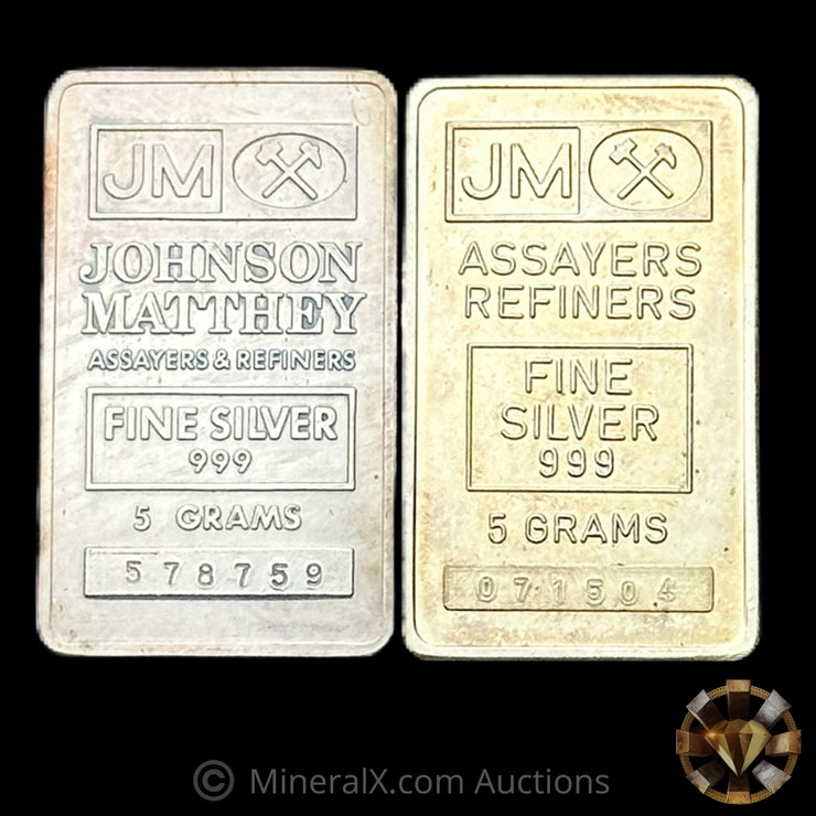 x2 5g JM Johnson Matthey Vintage Silver Bar Lot