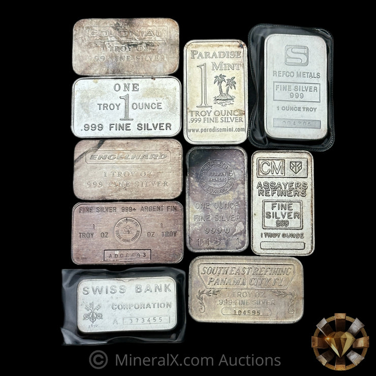 x10 1oz Misc Vintage Silver Bar Lot