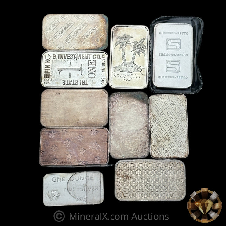 x10 1oz Misc Vintage Silver Bar Lot