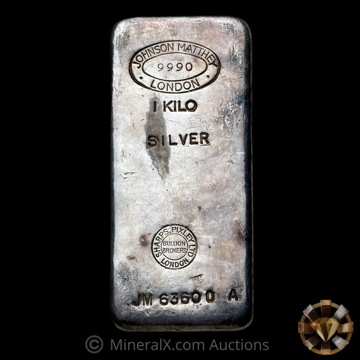 Kilo Johnson Matthey JM London Rare Sharps & Pixley Bullion Brokers Counterstamp Vintage Silver Bar