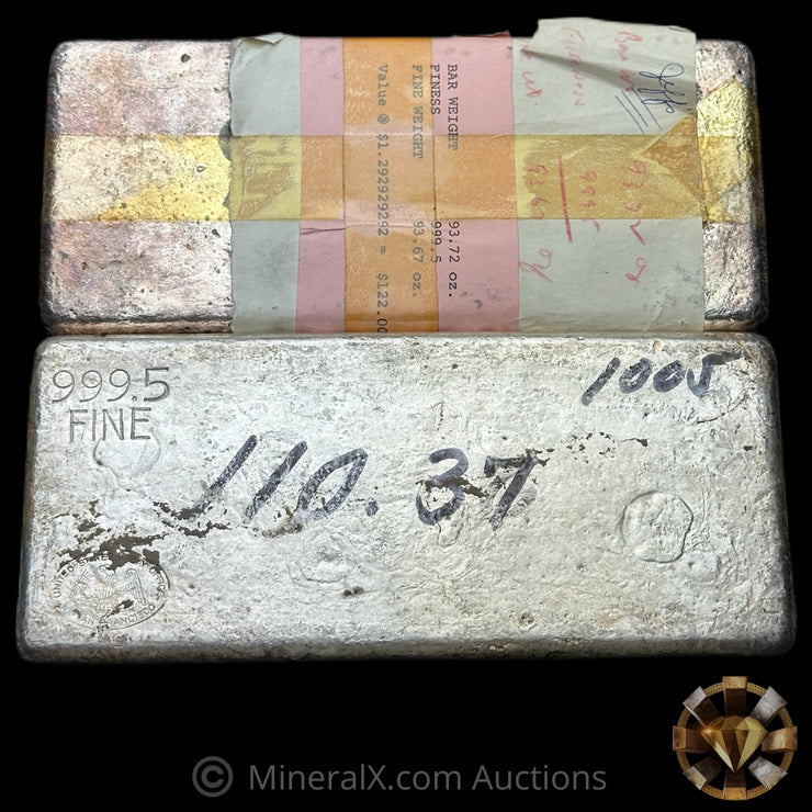 x2 100oz Class (110.37oz & 93.72oz) Authentic United States SF Assay Office At San Francisco Mint Vintage Silver Ingot Bar Lot (204.09oz Total)