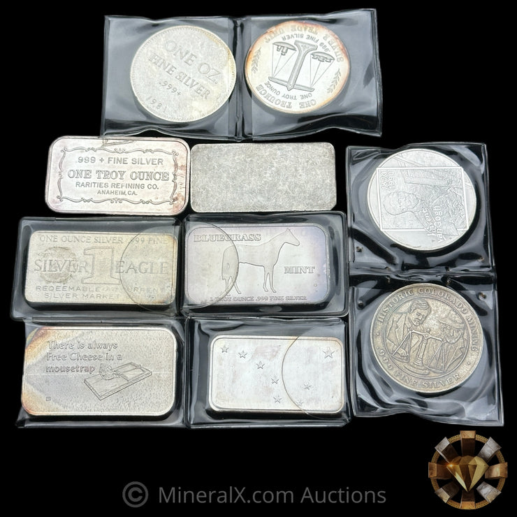 x10 1oz Misc Vintage Silver Bar & Coin Lot