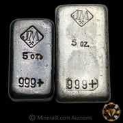x2 5oz JM Johnson Matthey Vintage Silver Bar Lot (Thin & Thick Mold Varieties)