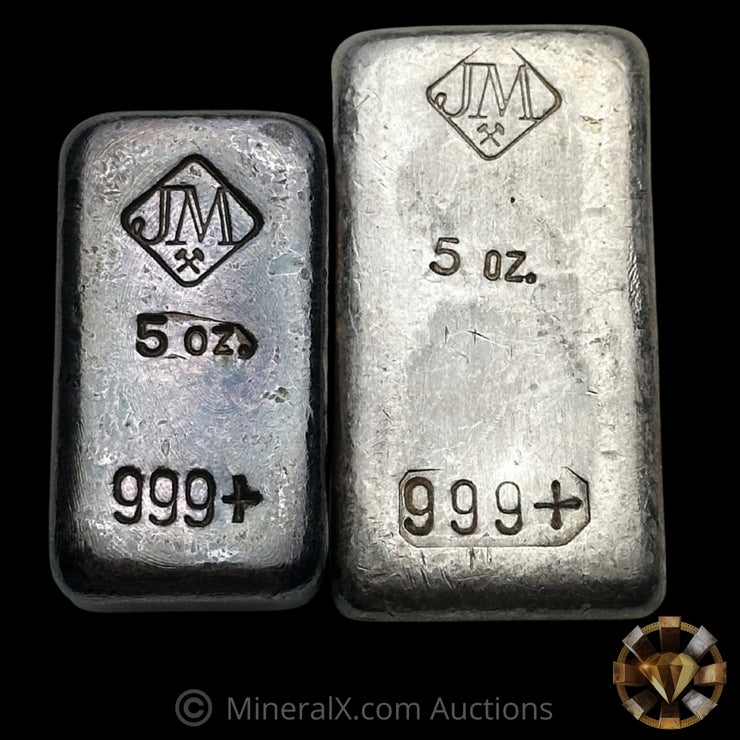 x2 5oz JM Johnson Matthey Vintage Silver Bar Lot (Thin & Thick Mold Varieties)
