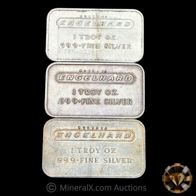 x3 1oz Engelhard Unique Inverted Serial Vintage Silver Bar Lot – MineralX