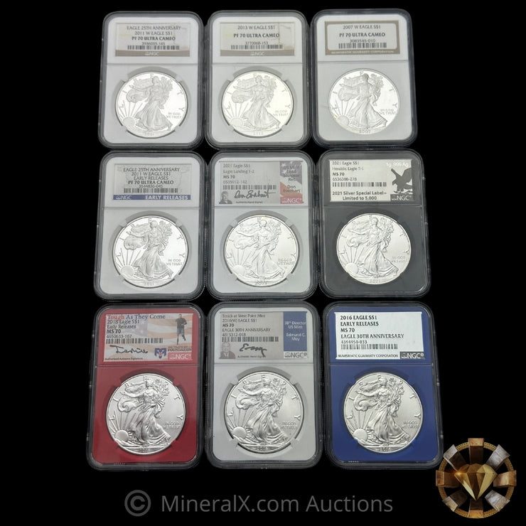 x9 1oz ASE American Silver Eagle Silver Coin Lot NGC (See Desc For Dat ...