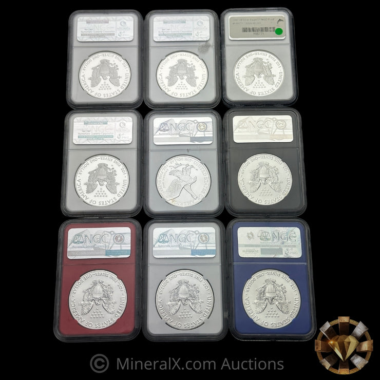 x9 1oz ASE American Silver Eagle Silver Coin Lot NGC (See Desc For Dat ...