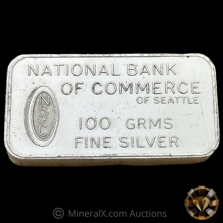 100g Johnson Matthey JM London National Bank of Commerce Seattle Vintage Silver Bar