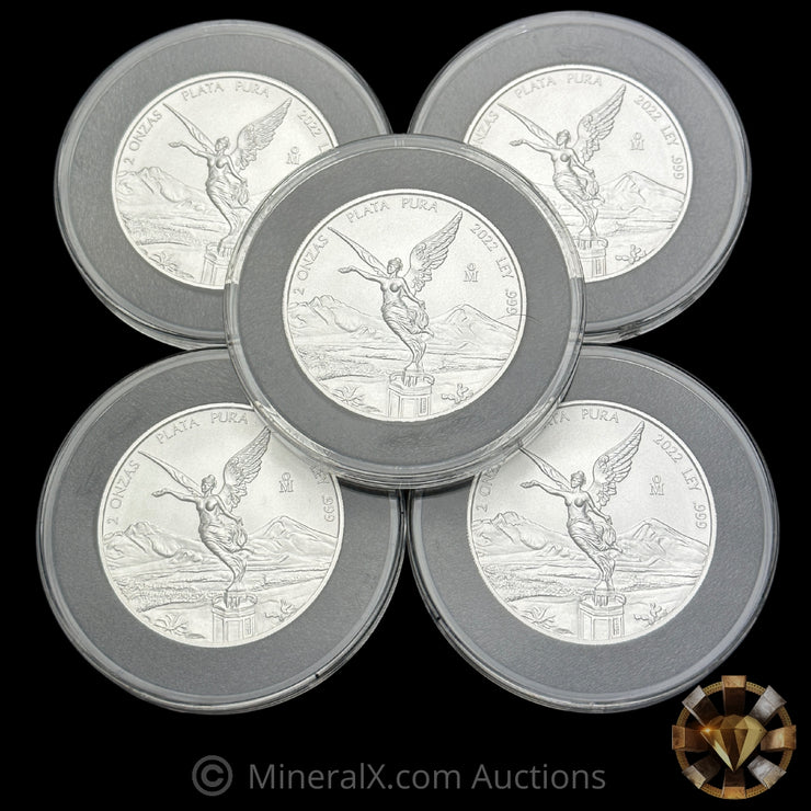 x5 2oz 2022 Mexican Libertad Silver Coins