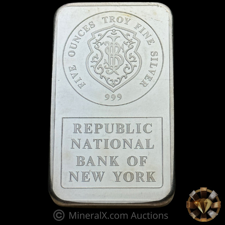 5oz Johnson Matthey JM Republic National Bank of New York RNB Vintage Silver Bar
