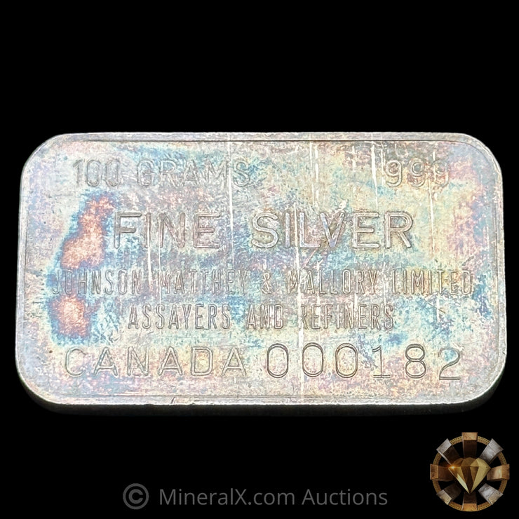 100g Johnson Matthey Mallory Limited Assayers And Refiners Canada JM Vintage Silver Bar