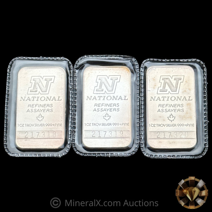 x3 1oz National Refiners Assayers Sequential Vintage Silver Art Bars