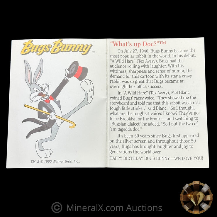 1oz Bugs Bunny "Whats Up Doc?" 50th Birthday Anniversary Rarities Mint 1990 Warner Bros Inc Silver Coin with Original Box & Papers