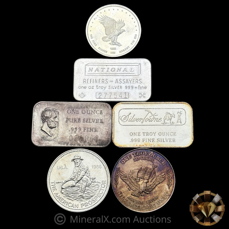 x6 1oz Misc Vintage Silver Bars and Rounds